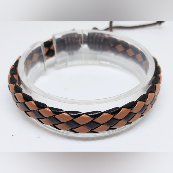 Men's Leather Bracelet Braided Checkered Brown New f17 - Picture 1 of 1